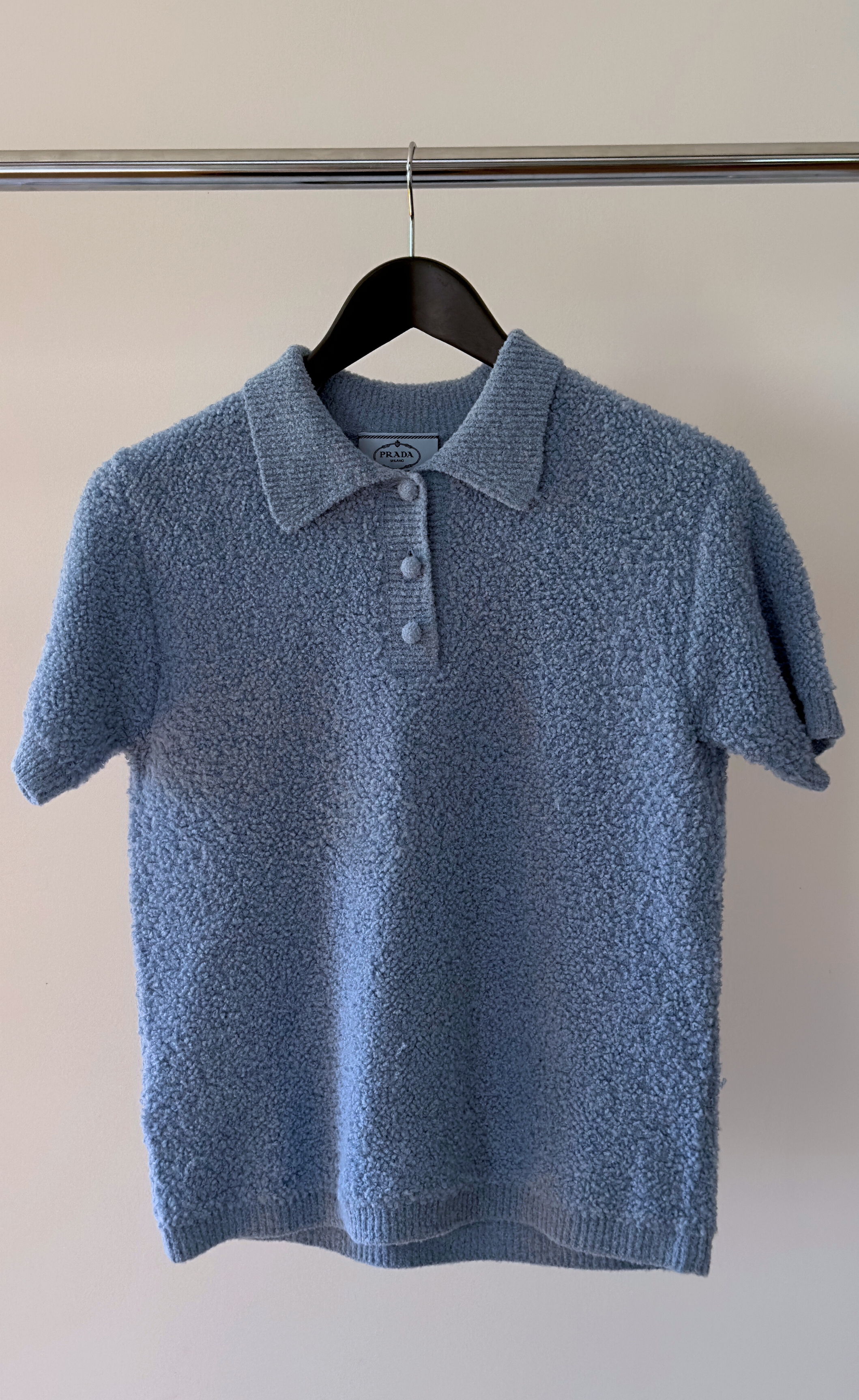 Prada - Blue Wool-blend Bouclé Polo Shirt, size 42