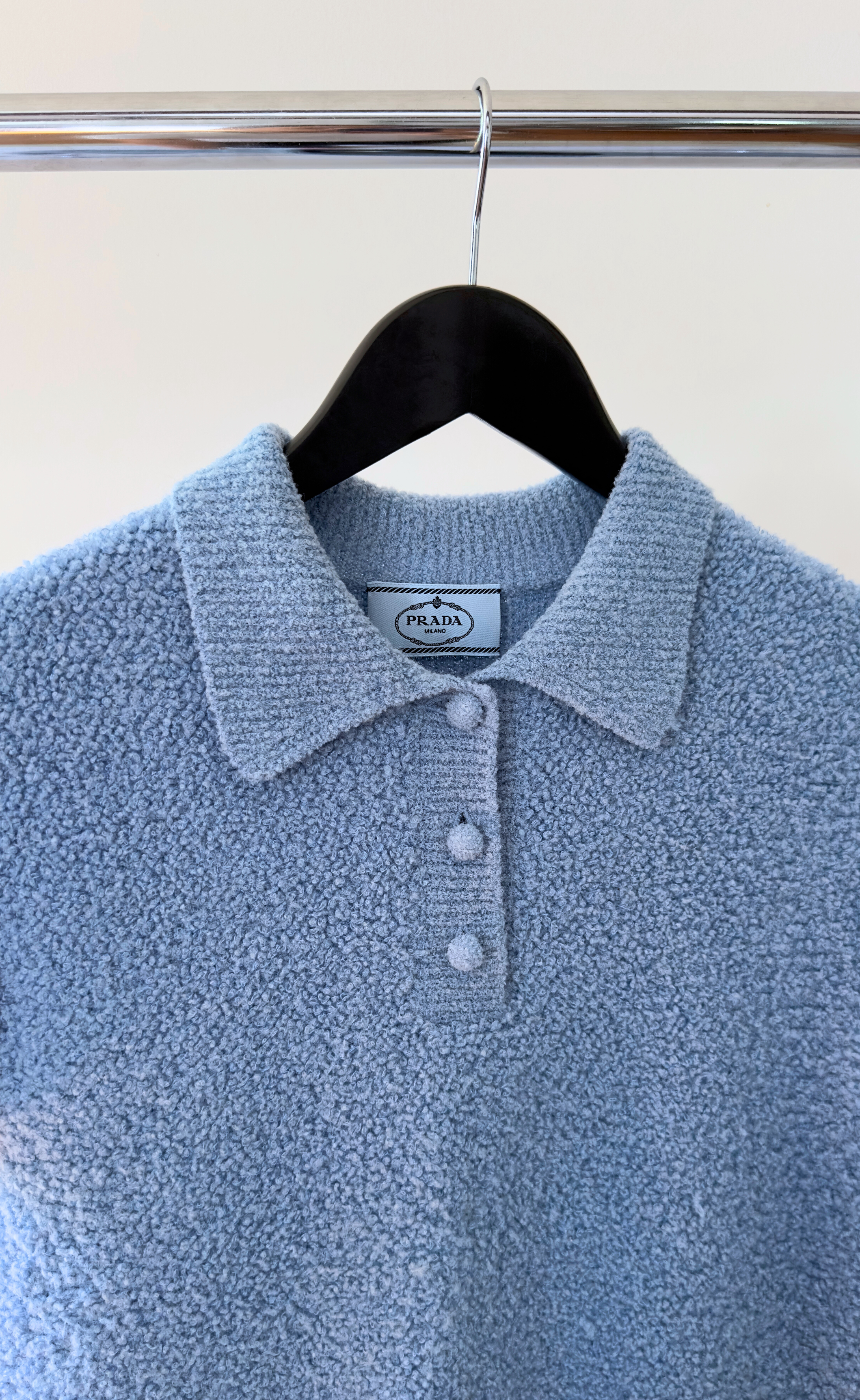 Prada - Blue Wool-blend Bouclé Polo Shirt, size 42