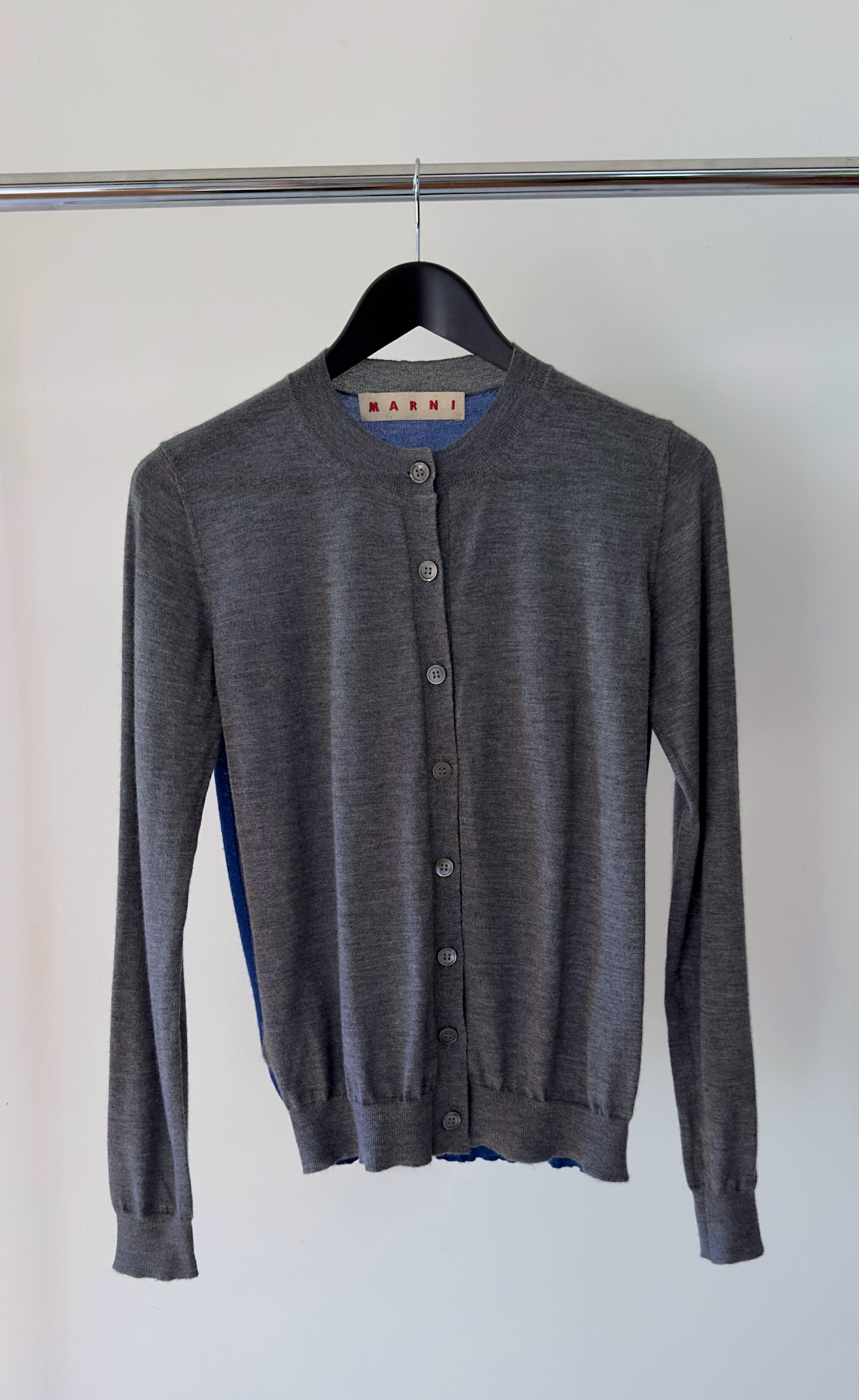 Marni - Contrast Grey/Cobalt Blue Cashmere Cardigan, Size 40