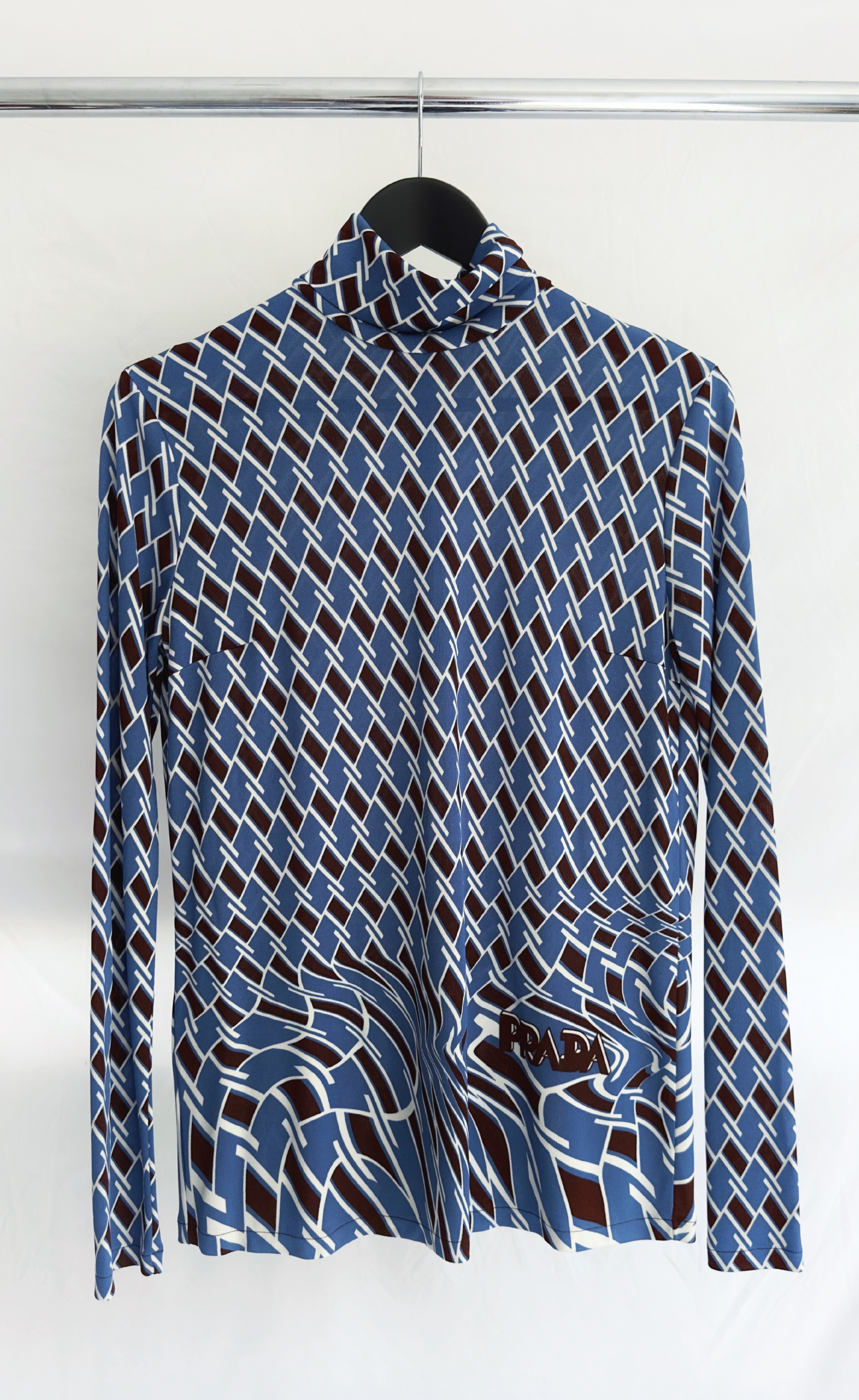 Prada  - Blue Geometric Turtle Neck Top, Size 38